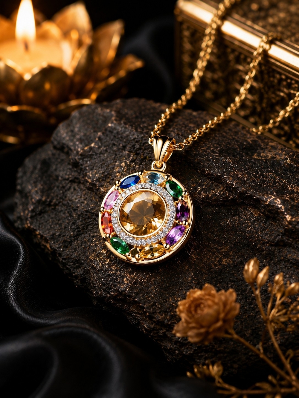 Gold Tone Rainbow Crystal Circle Pendant Necklace | Colorful Statement Jewelry
